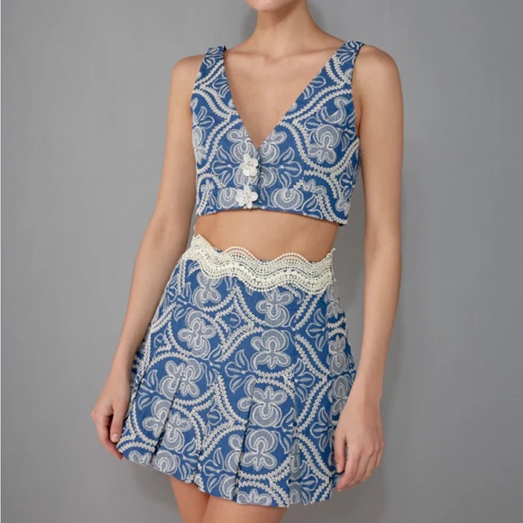 Waimari Evelyn top & lace trim denim mini skirt - Small